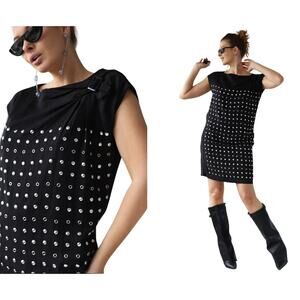 SEE BY CHLOE Jersey Black Dress Studded Abstract Design Cap Sleeves Shift 6 /42